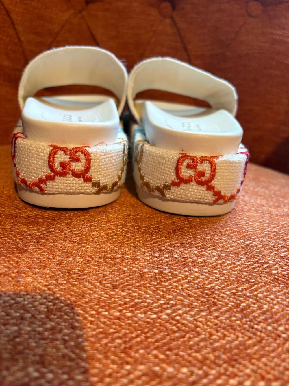 Gucci Angelina Multicolor GG Logo Platform Slides Sandals